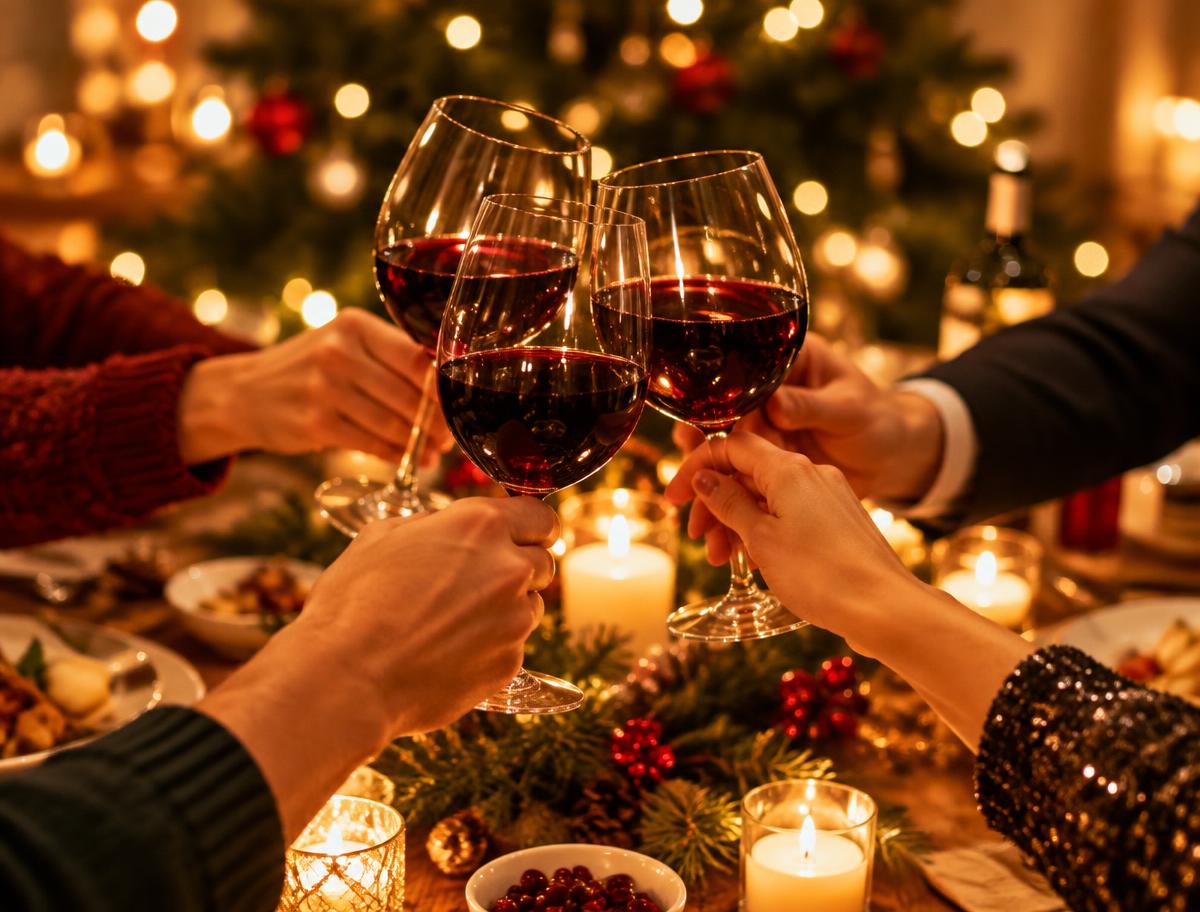 Klinken met rode wijn aan een feestelijke tafel